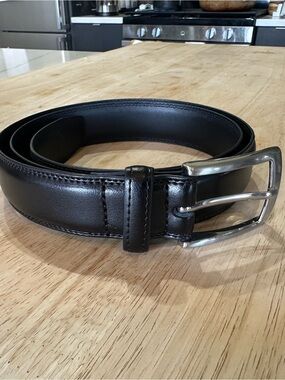 Men's Black Leather Belt with Polished Silver Buckle